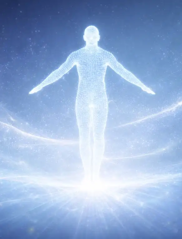 Leuchtender menschlicher Körper als energetisches Feld mit Lichtstruktur zur Darstellung von Bewusstsein und ganzheitlicher Heilung